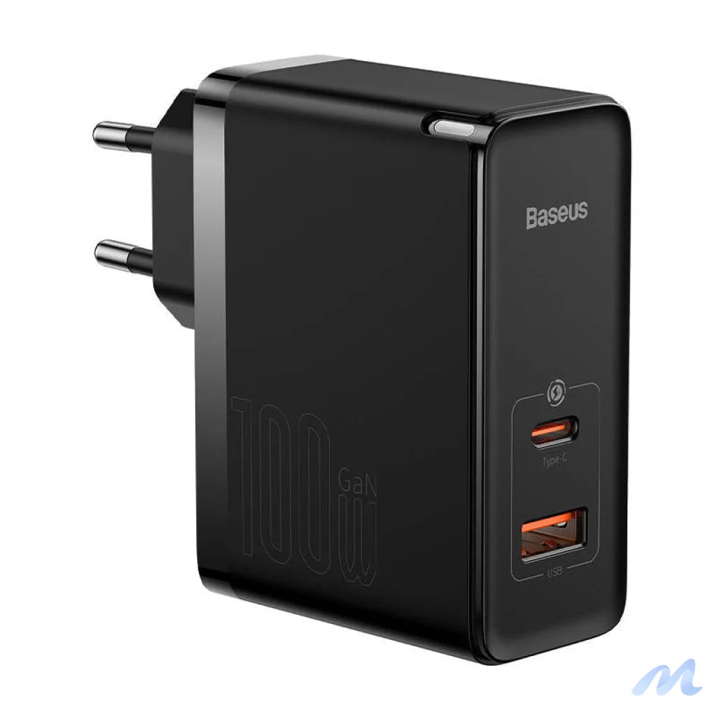Wall charger Baseus GaN USB-C + USB, 100W + 1m cable (black)