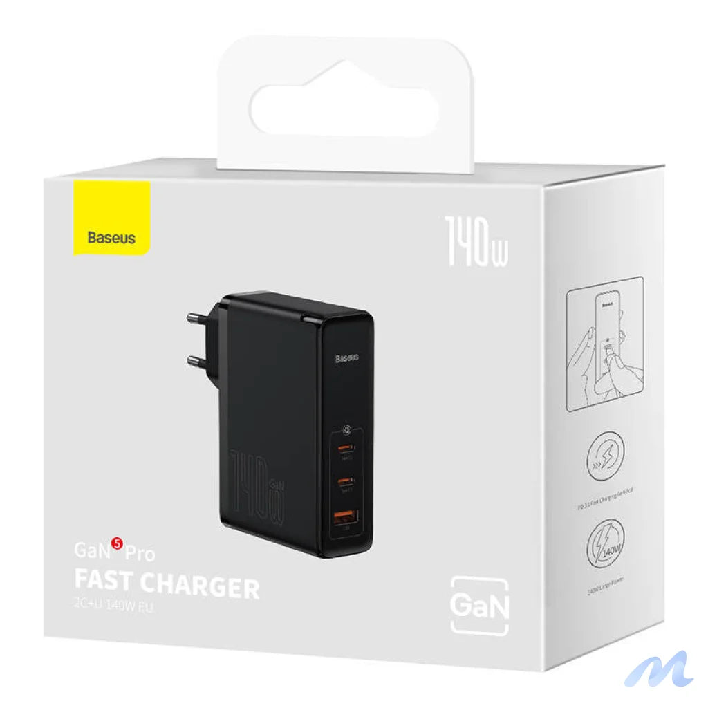 Wall charger Baseus GaN5 Pro 2xUSB-C + USB, 140W (black)