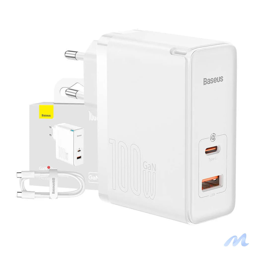 Wall charger Baseus GaN5 Pro USB-C + USB, 100W + 1m cable (white)