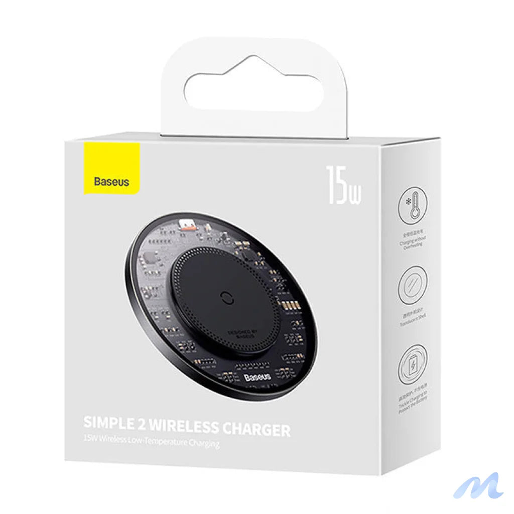 Wireless Qi inductive charger Baseus Simple 2, 15W with USB-C to USB-C cable (black)
