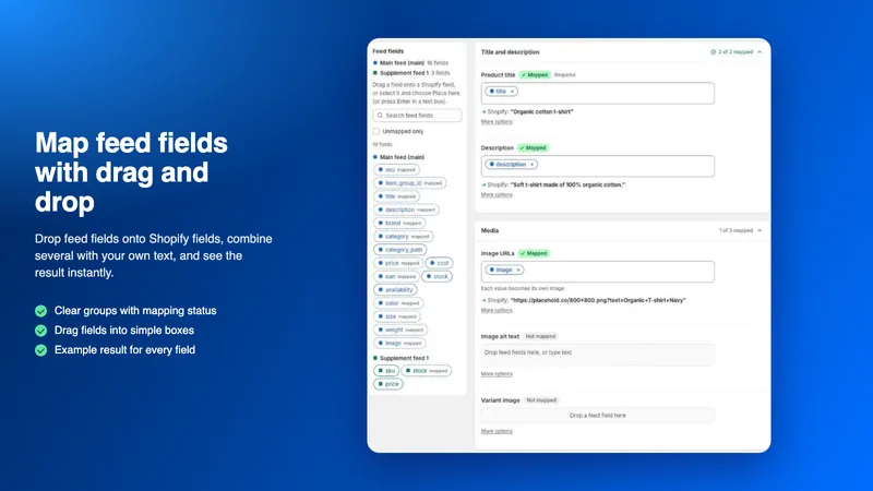 Kenttien mäppäysnäkymä, jossa syötteen kentät on vedetty Shopifyn kenttiin ja jokaisella on esimerkkitulos.
