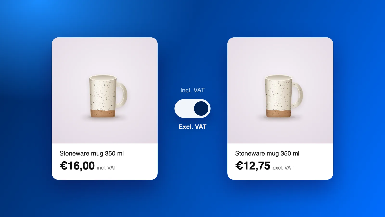 One product shown with the price including VAT and excluding VAT, with the toggle between them.