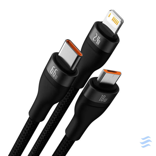 3in1 USB cable Baseus Flash II Series USB C + micro USB + Lightning 66W 1.2m (Black) Combo Cables