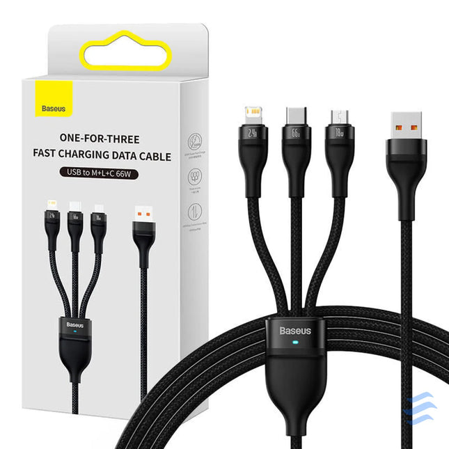 3in1 USB cable Baseus Flash II Series USB C + micro USB + Lightning 66W 1.2m (Black) Combo Cables