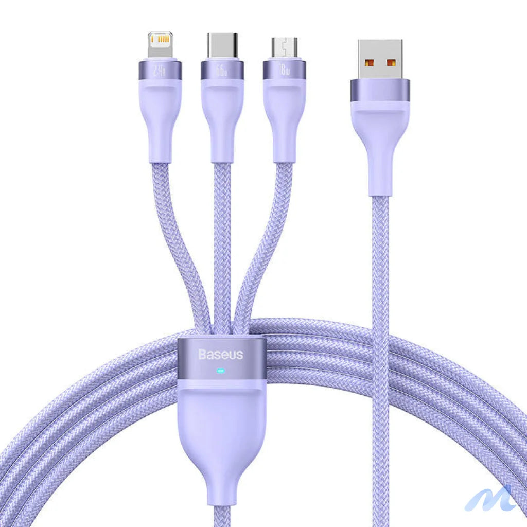 3in1 USB cable Baseus Flash II Series, USB-C + micro USB + Lightning, 66W, 1.2m (Purple)