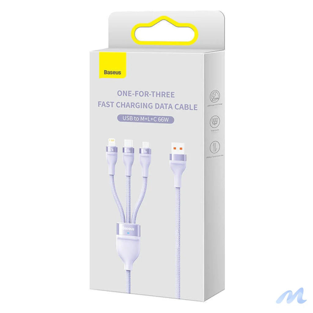 3in1 USB cable Baseus Flash II Series, USB-C + micro USB + Lightning, 66W, 1.2m (Purple)