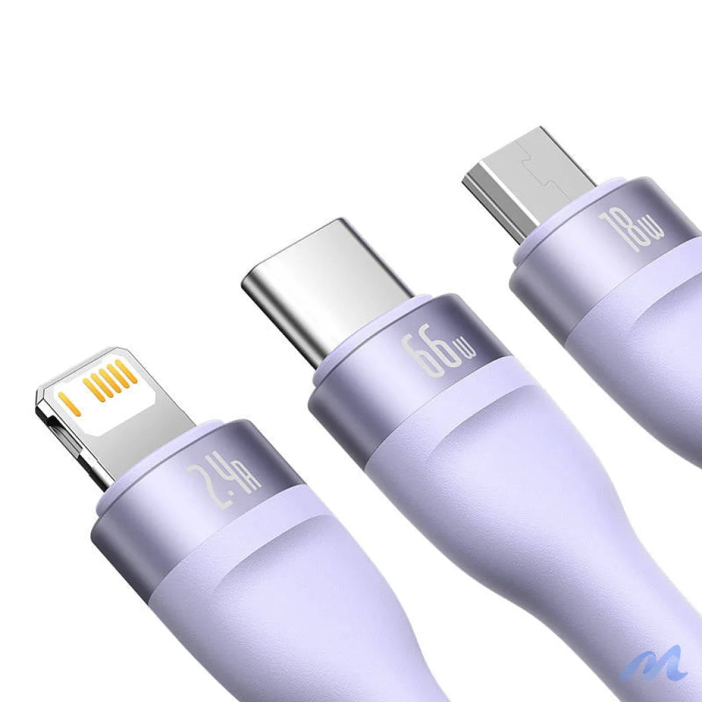 3in1 USB cable Baseus Flash II Series, USB-C + micro USB + Lightning, 66W, 1.2m (Purple)