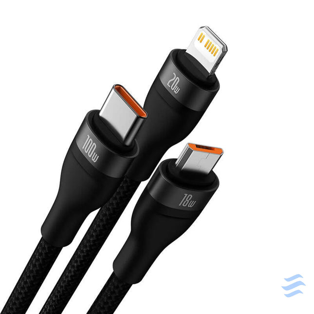 3in1 USB cable Baseus Flash Series 2 USB C + micro USB + Lightning 100W 1.2m (black) Combo Cables