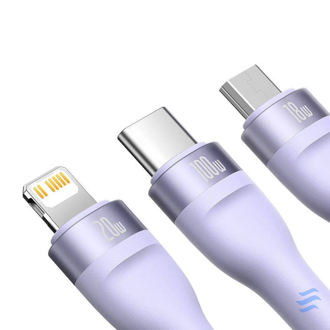 3in1 USB cable Baseus Flash Series 2 USB C + micro USB + Lightning 100W 1.2m (purple) Combo Cables
