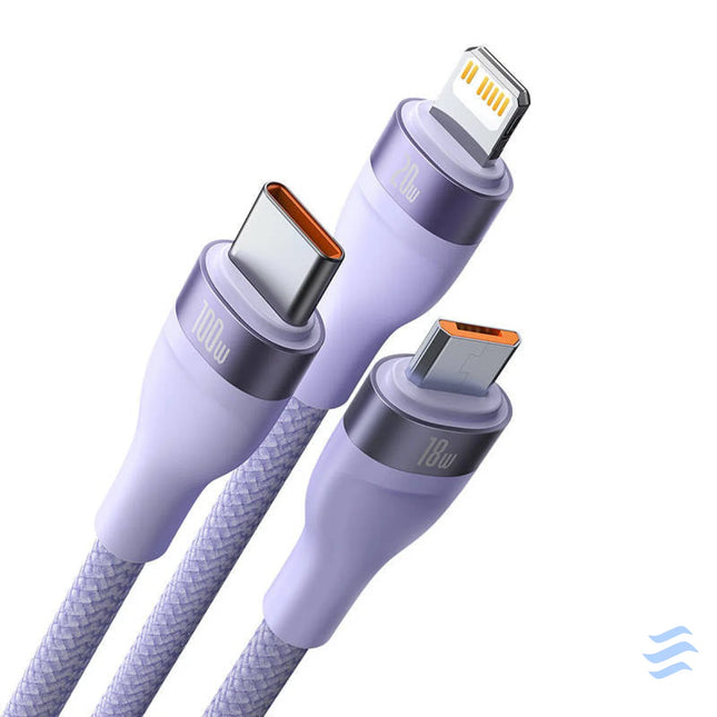3in1 USB cable Baseus Flash Series 2 USB C + micro USB + Lightning 100W 1.2m (purple) Combo Cables