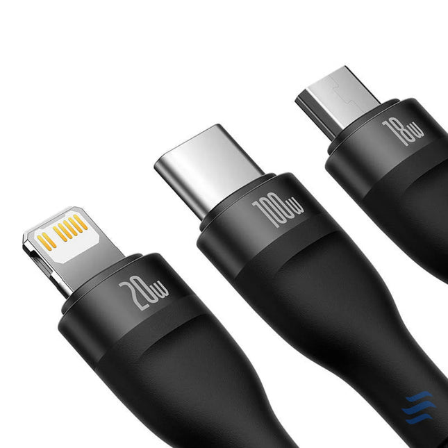 3in1 USB cable Baseus Flash Series 2 USB C + micro USB + Lightning 100W 1.5m (black) Combo Cables
