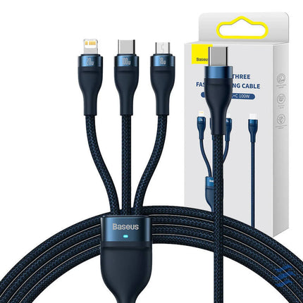 3in1 USB cable Baseus Flash Series 2 USB C + micro USB + Lightning 100W 1.5m (blue) Combo Cables