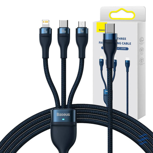3in1 USB cable Baseus Flash Series 2 USB C + micro USB + Lightning 100W 1.5m (blue) Combo Cables