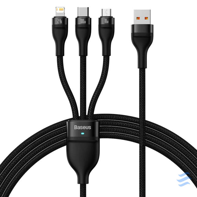 3in1 USB cable Baseus Flash Series USB C + micro USB + Lightning 100W 1.2m (black) Combo Cables
