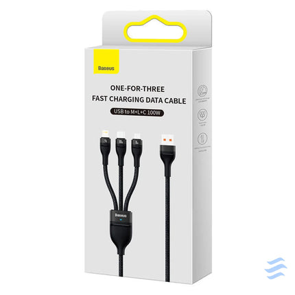 3in1 USB cable Baseus Flash Series USB C + micro USB + Lightning 100W 1.2m (black) Combo Cables
