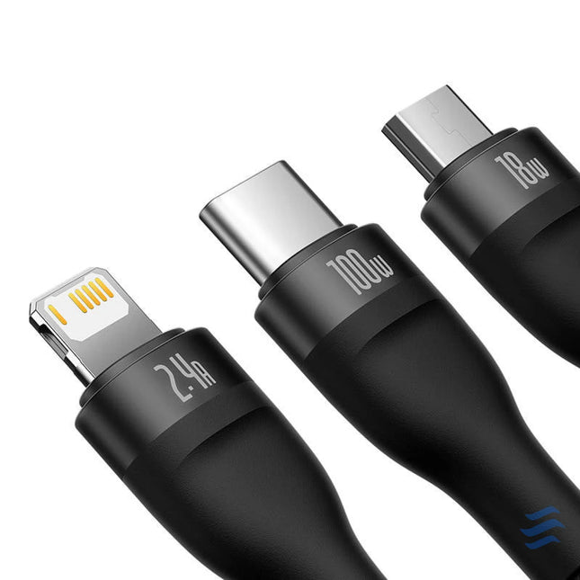 3in1 USB cable Baseus Flash Series USB C + micro USB + Lightning 100W 1.2m (black) Combo Cables