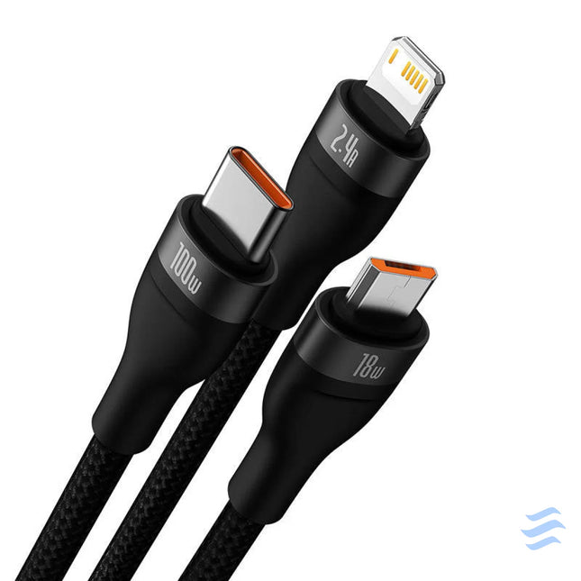 3in1 USB cable Baseus Flash Series USB C + micro USB + Lightning 100W 1.2m (black) Combo Cables