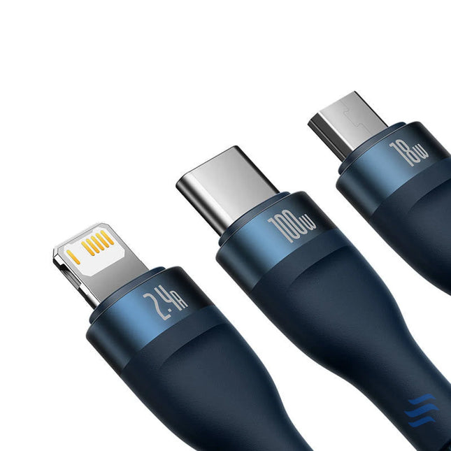 3in1 USB cable Baseus Flash Series USB C + micro USB + Lightning 100W 1.2m (blue) Combo Cables