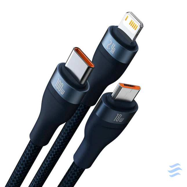 3in1 USB cable Baseus Flash Series USB C + micro USB + Lightning 100W 1.2m (blue) Combo Cables