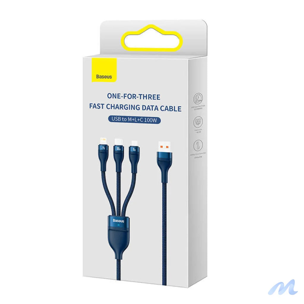 3in1 USB cable Baseus Flash Series, USB-C + micro USB + Lightning, 100W, 1.2m (blue)