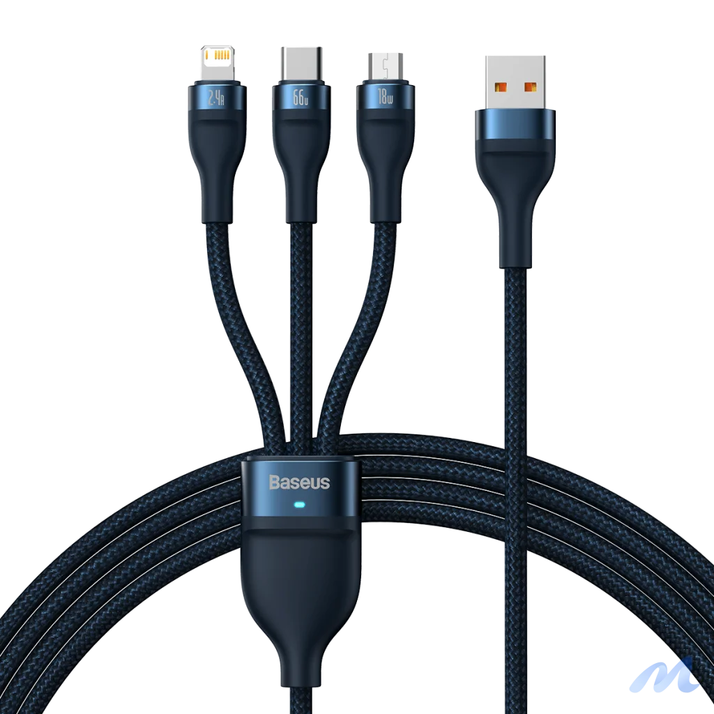 3in1 USB cable Baseus USB 3in1 Baseus Flash Series,  USB-C + Micro + Lightning 66W, 1.2m (blue)