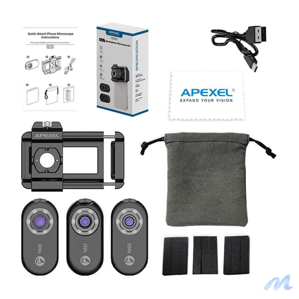 3x CPL lens / microscope for smartphone Apexel APL-MS3IN1, 200x / 150x / 100x