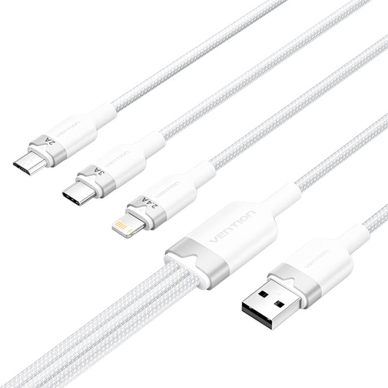 USB 2.0 A to 3in1 3A cable Vention CTPWG 1.5M (white)