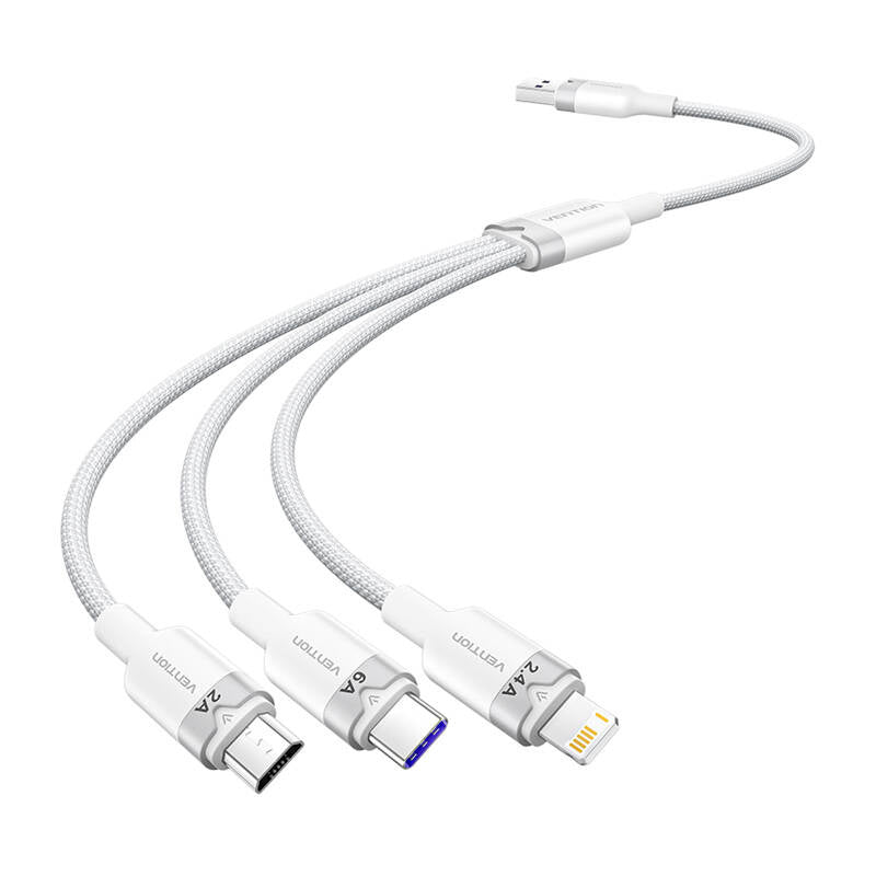 USB 2.0 A to 3-in-1 6A cable Vention CTRWG 1.5M (white)
