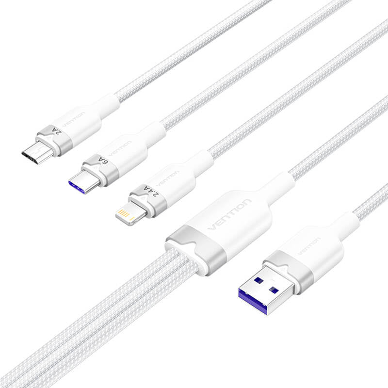 USB 2.0 A to 3-in-1 6A cable Vention CTRWG 1.5M (white)