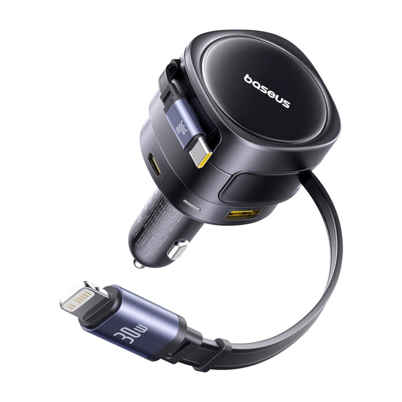 Baseus Enjoyment Max car charger with USB-C+Lightning cables and USB-A+USB-C ports 90W Black