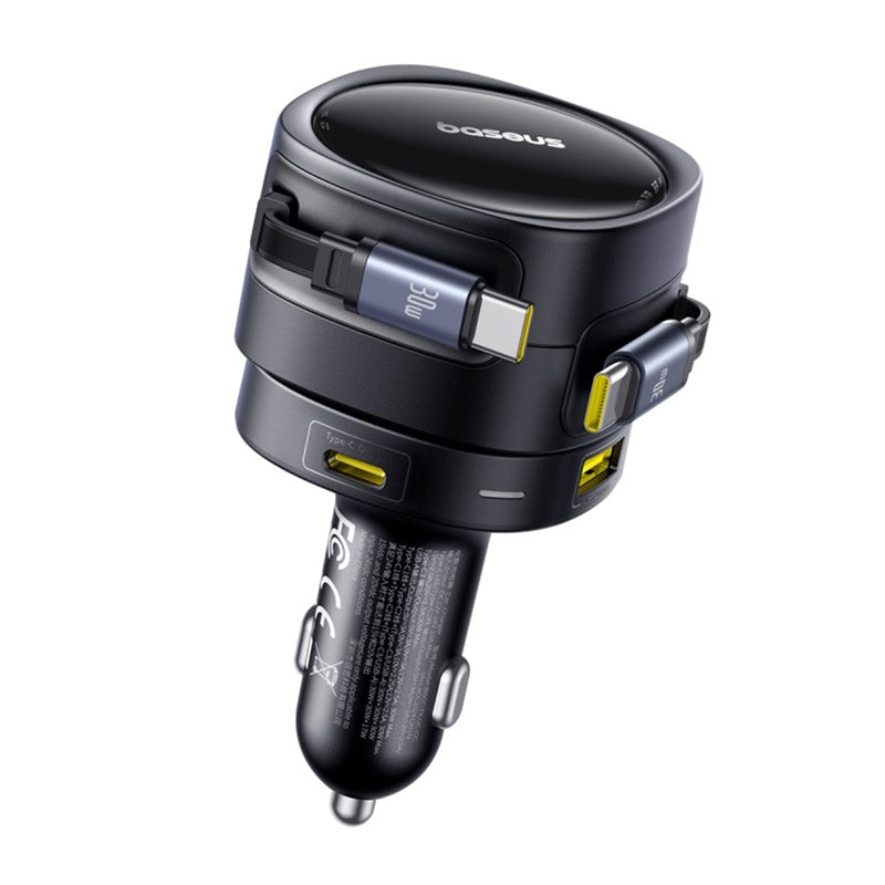 Baseus Enjoyment Max car charger with USB-C+USB-C cables and USB-A+USB-C ports 90W Black