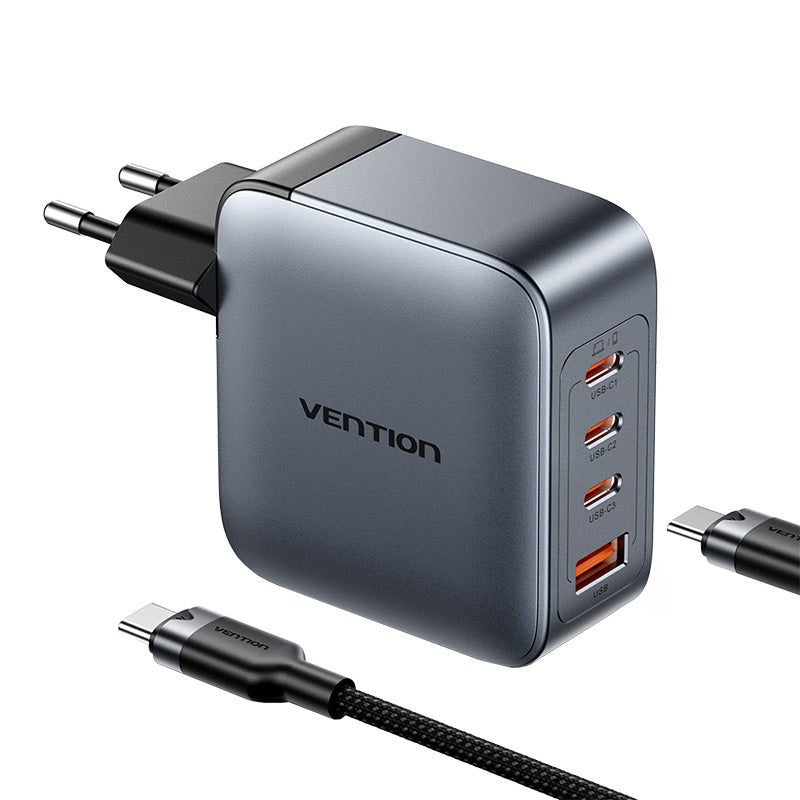 Vention power charger 3x USB-C, 1x USB-A, (100W/100W/30W/30W) (grey) with USB-C to USB-C cable (1m) (black)