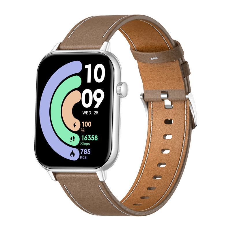 COLMI C28 Smartwatch – Silver + Brown Leather Strap