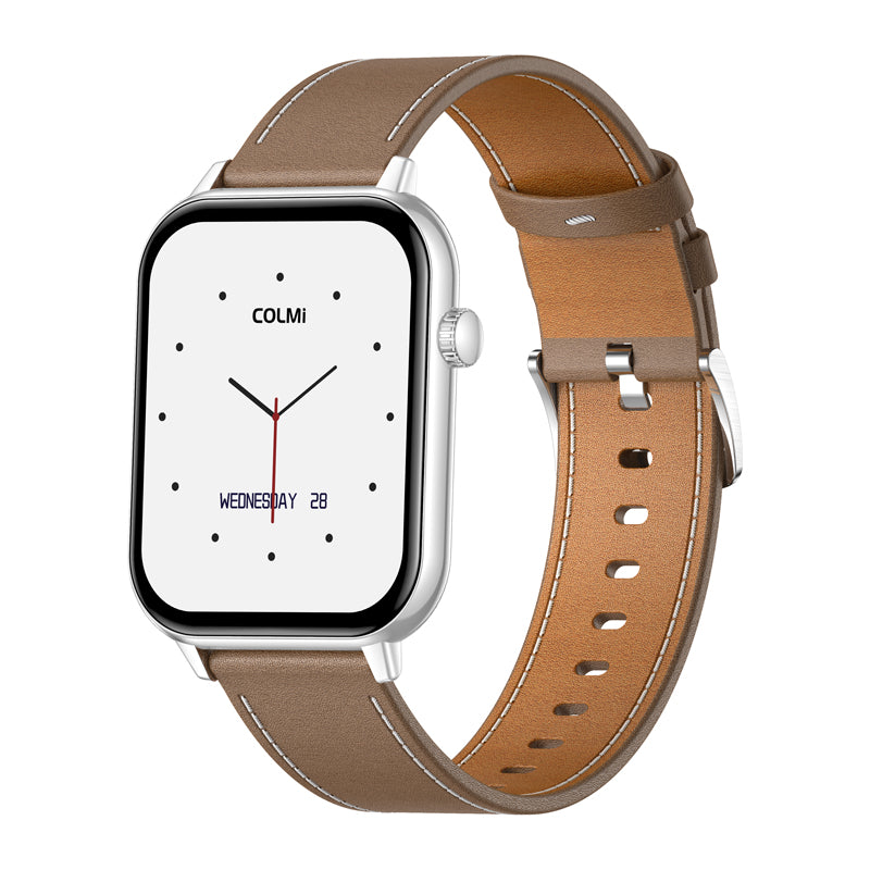 COLMI C28 Smartwatch – Silver + Brown Leather Strap