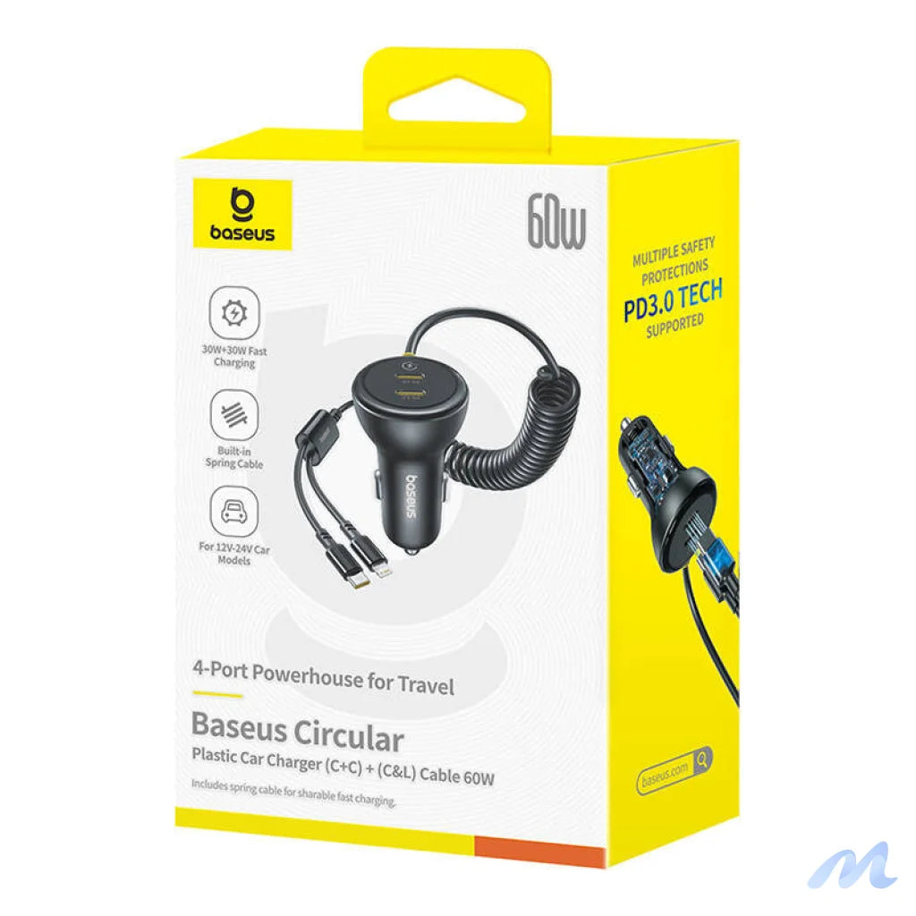 60W Baseus USB-C car charger + Lightning cable (Black)