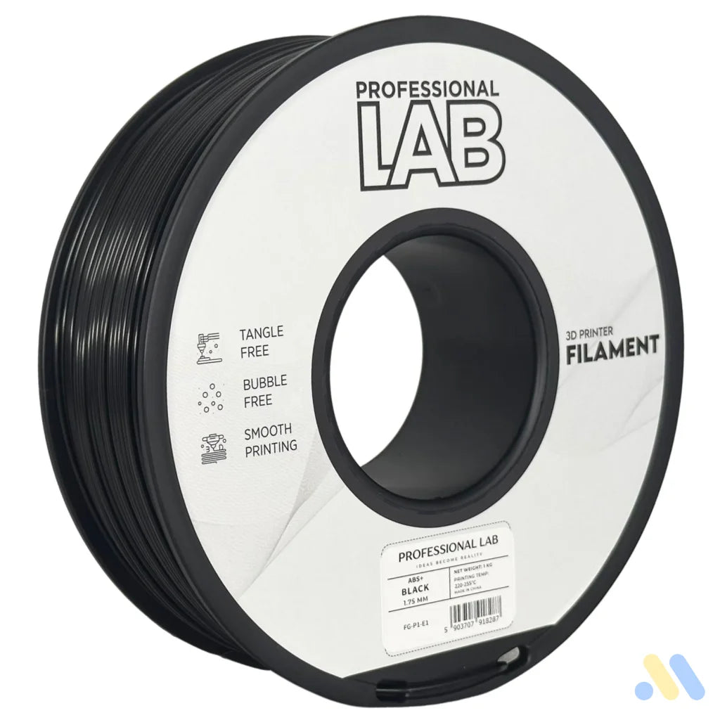 ABS is a strong, impact-resistant filament, ideal for functional parts and mechanical components. It requires a heated bed and enclosure to minimize warping and should be used in a well-ventilated area.