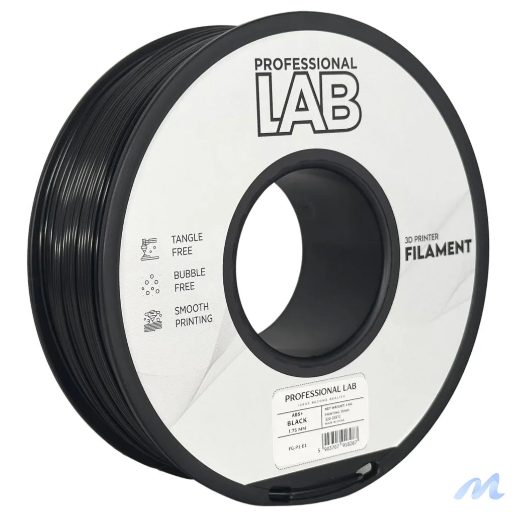ABS is a strong, impact-resistant filament, ideal for functional parts and mechanical components. It requires a heated bed and enclosure to minimize warping and should be used in a well-ventilated area.