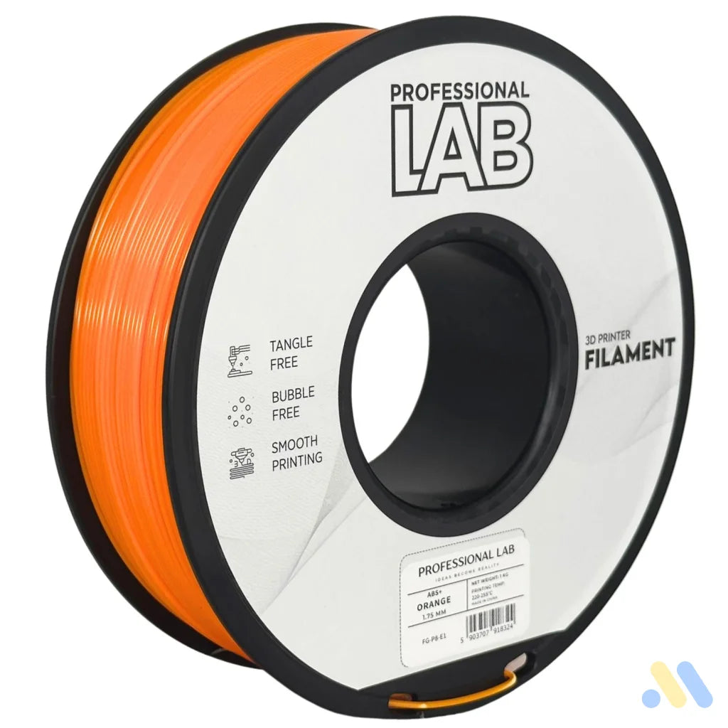 ABS is a strong, impact-resistant filament, ideal for functional parts and mechanical components. It requires a heated bed and enclosure to minimize warping and should be used in a well-ventilated area.