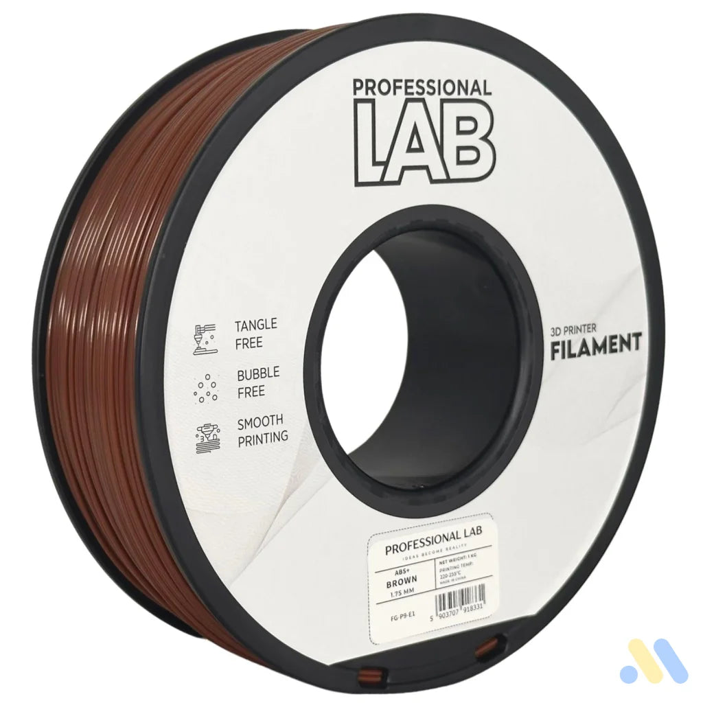 ABS is a strong, impact-resistant filament, ideal for functional parts and mechanical components. It requires a heated bed and enclosure to minimize warping and should be used in a well-ventilated area.