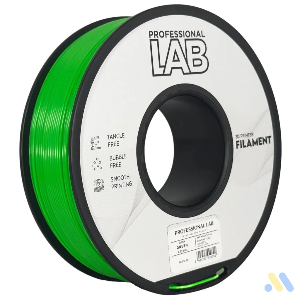 ABS is a strong, impact-resistant filament, ideal for functional parts and mechanical components. It requires a heated bed and enclosure to minimize warping and should be used in a well-ventilated area.