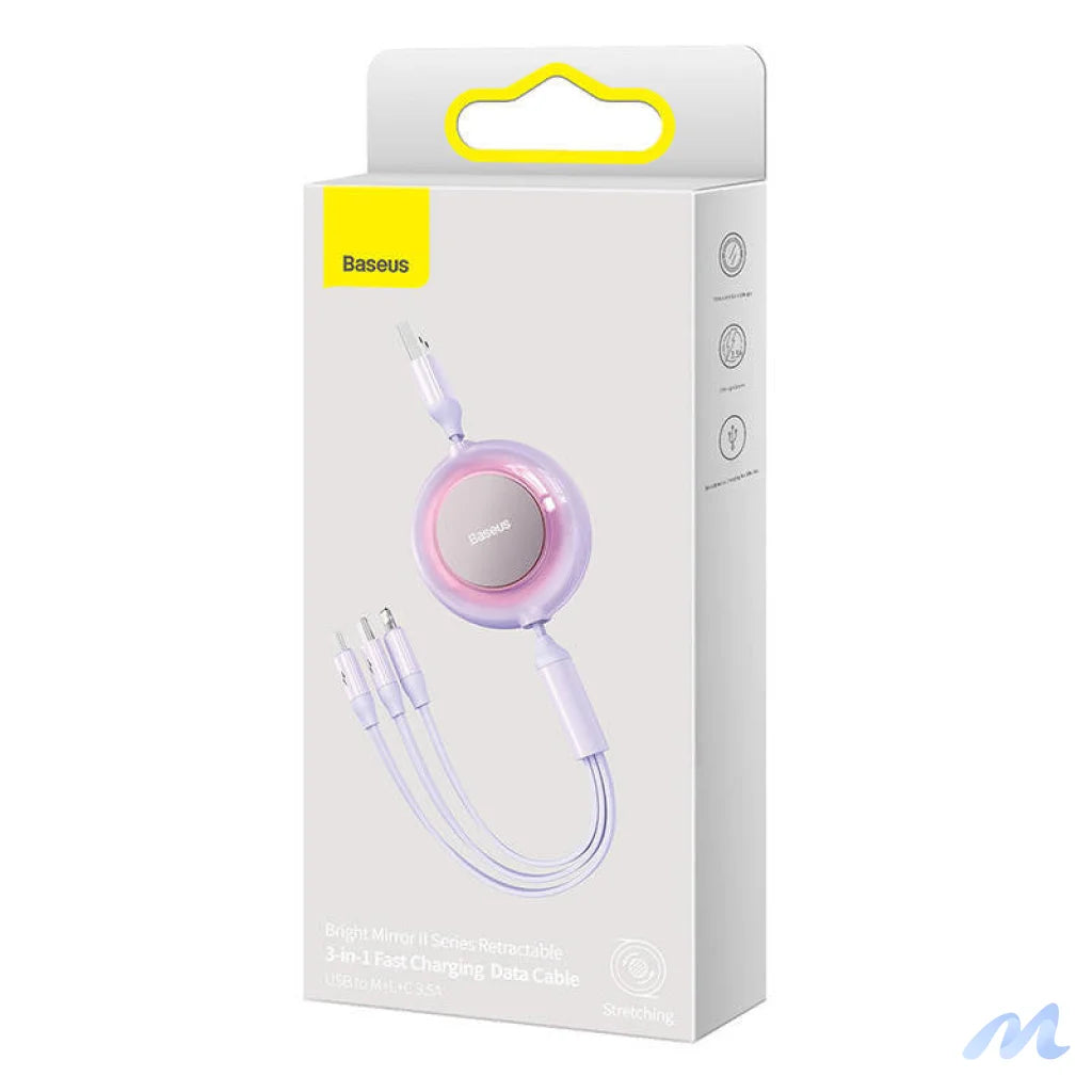 Baseus Bright Mirror 2, 3-in-1  USB 3-in-1 cable for micro USB / USB-C / Lightning 3.5A 1.1m (Purple)