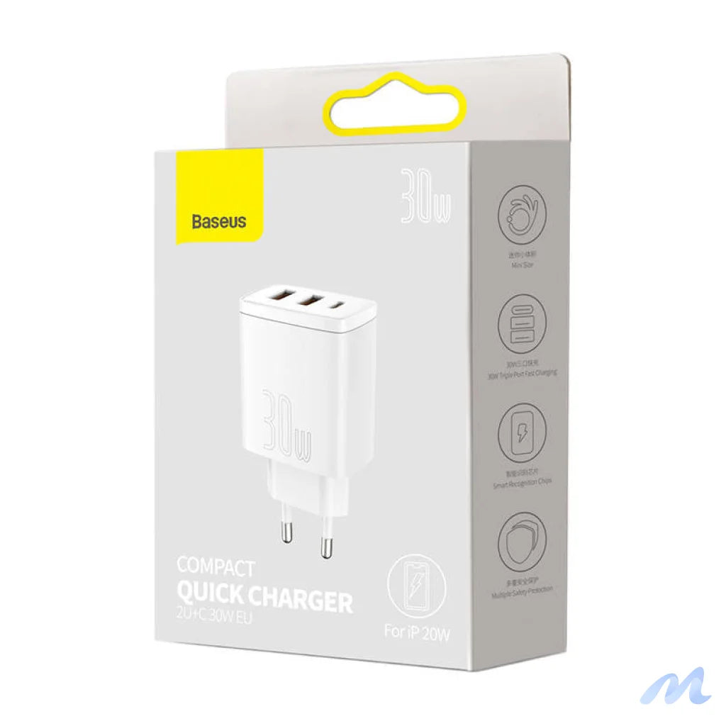Baseus Compact Quick Charger, 2xUSB, USB-C, PD, 3A, 30W (white)