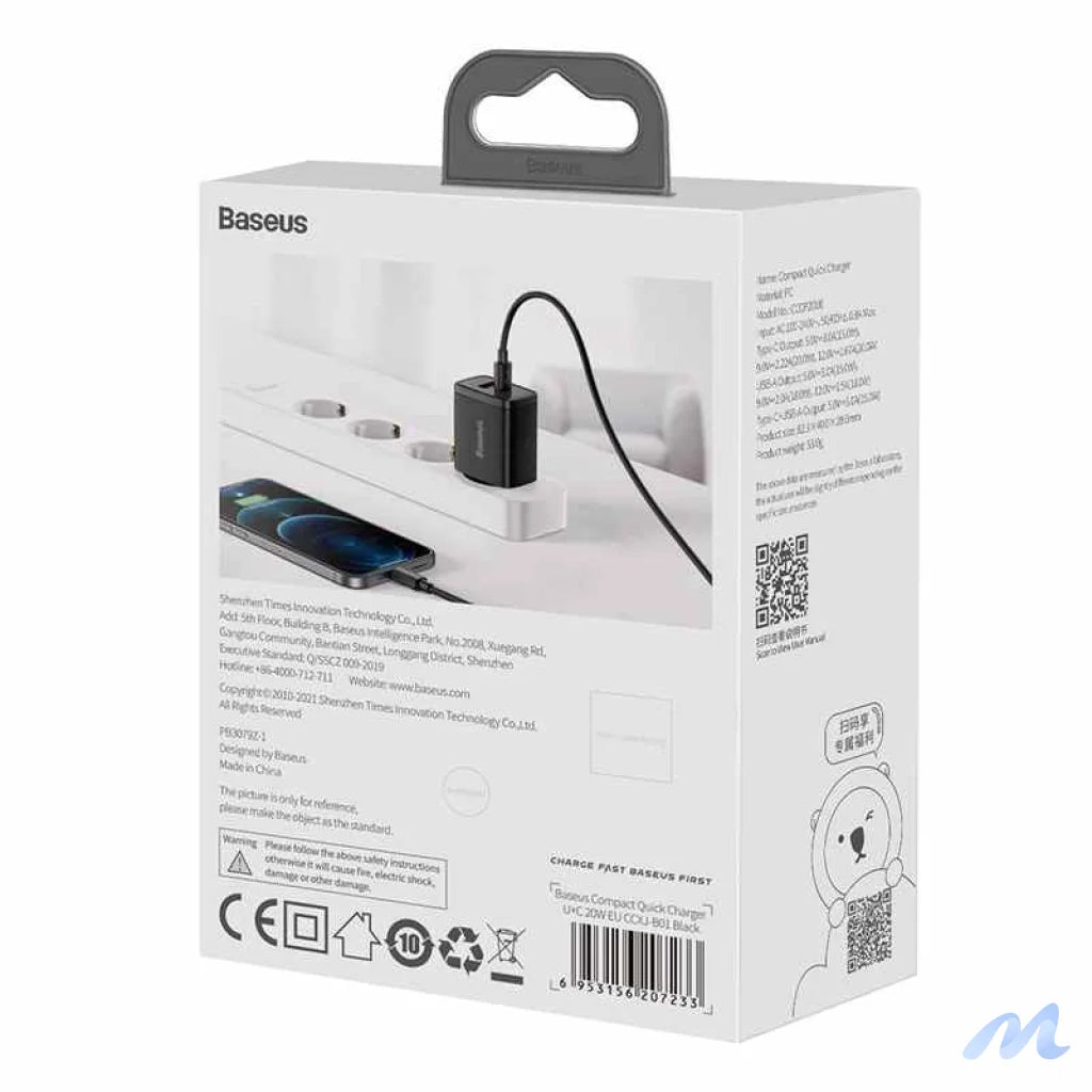 Baseus Compact Quick Charger, USB, USB-C, 20W (black)