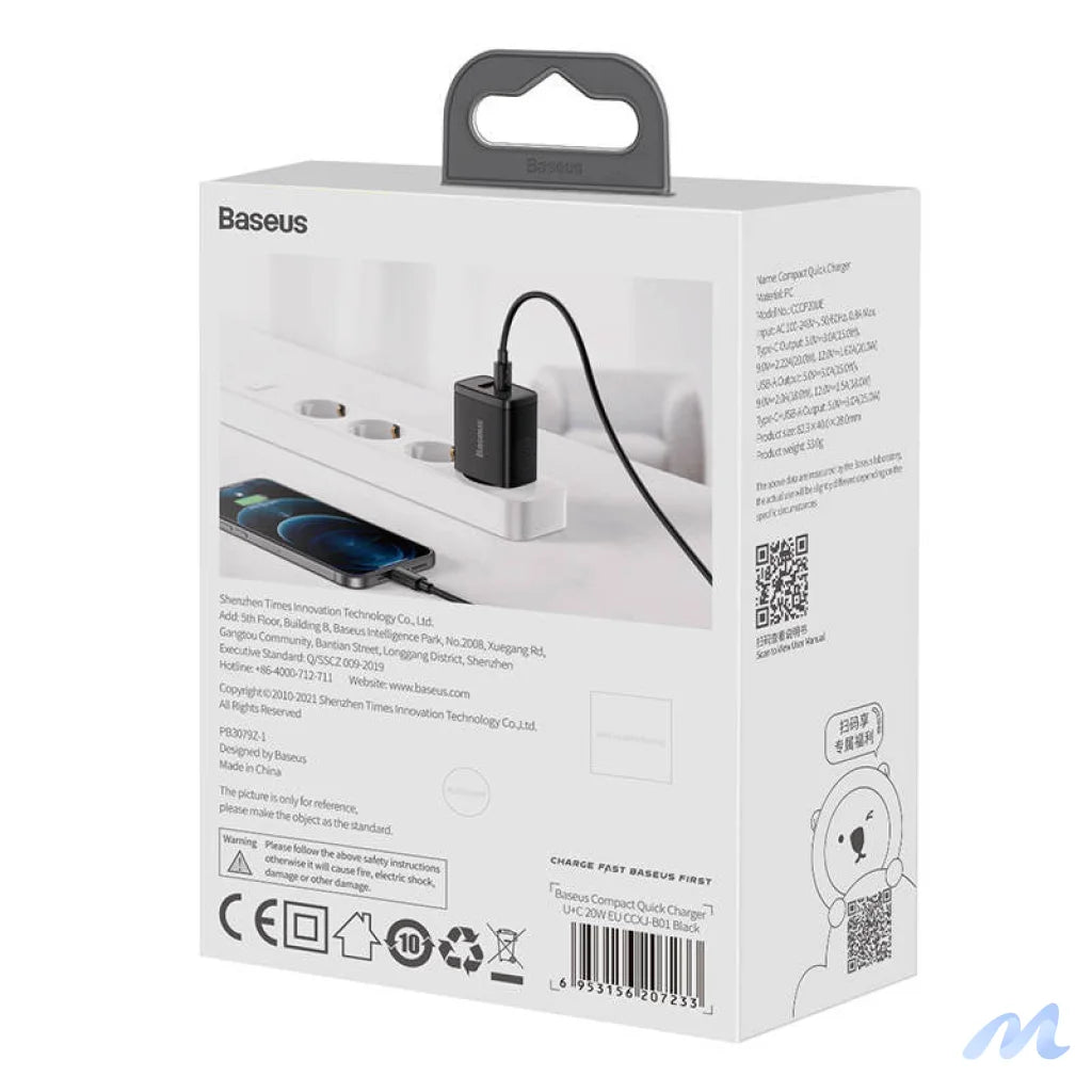 Baseus Compact Quick Charger, USB, USB-C, 20W (black)