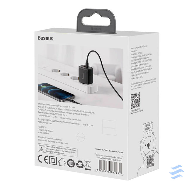 Baseus Compact Quick Charger USB USB C 20W (black) mains chargers