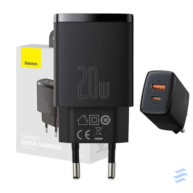 Baseus Compact Quick Charger USB USB C 20W (black) mains chargers