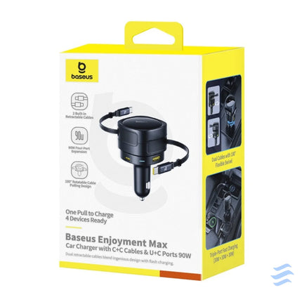Baseus Enjoyment Max car charger with USB C + USB C cables and USB A + USB C ports 90W Black Car chargers