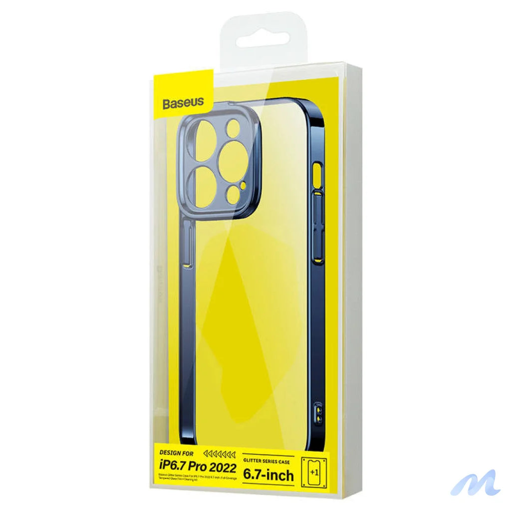 Baseus Glitter Transparent Case and Tempered Glass set for iPhone 14 Pro Max (blue)