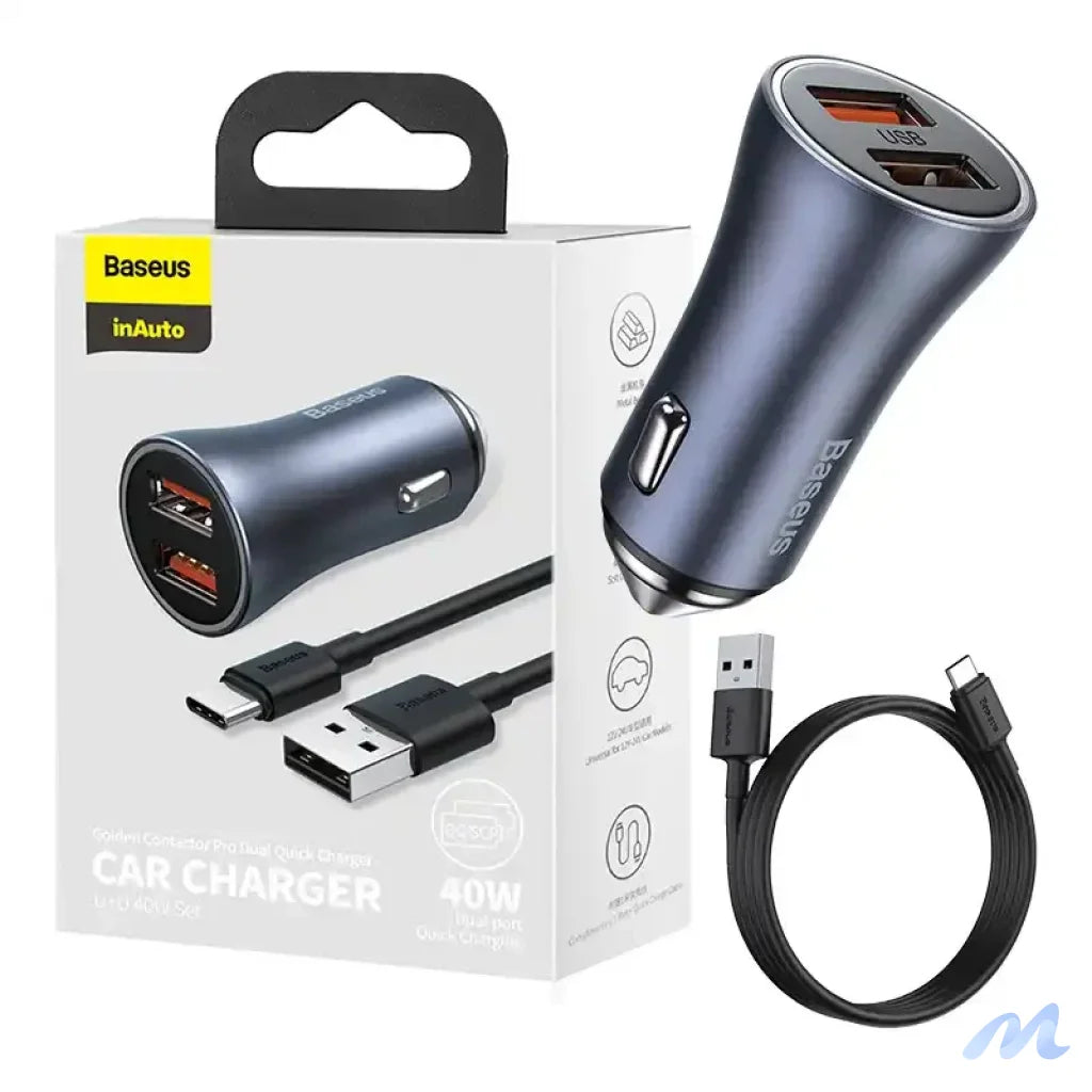 Baseus Golden Contactor Pro Car Charger 2x USB, 40W (gray) +  Cable USB to USB-C 1m (black)