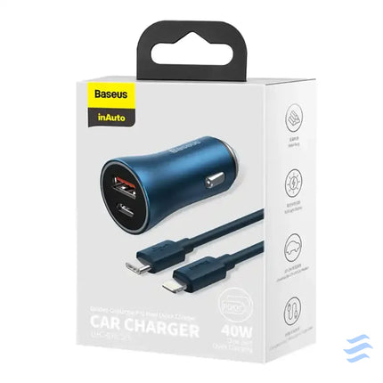 Baseus Golden Contactor Pro car charger USB + USB C QC4.0 + PD SCP 40W (blue) + USB C Lightning cable 1m (blue) Car